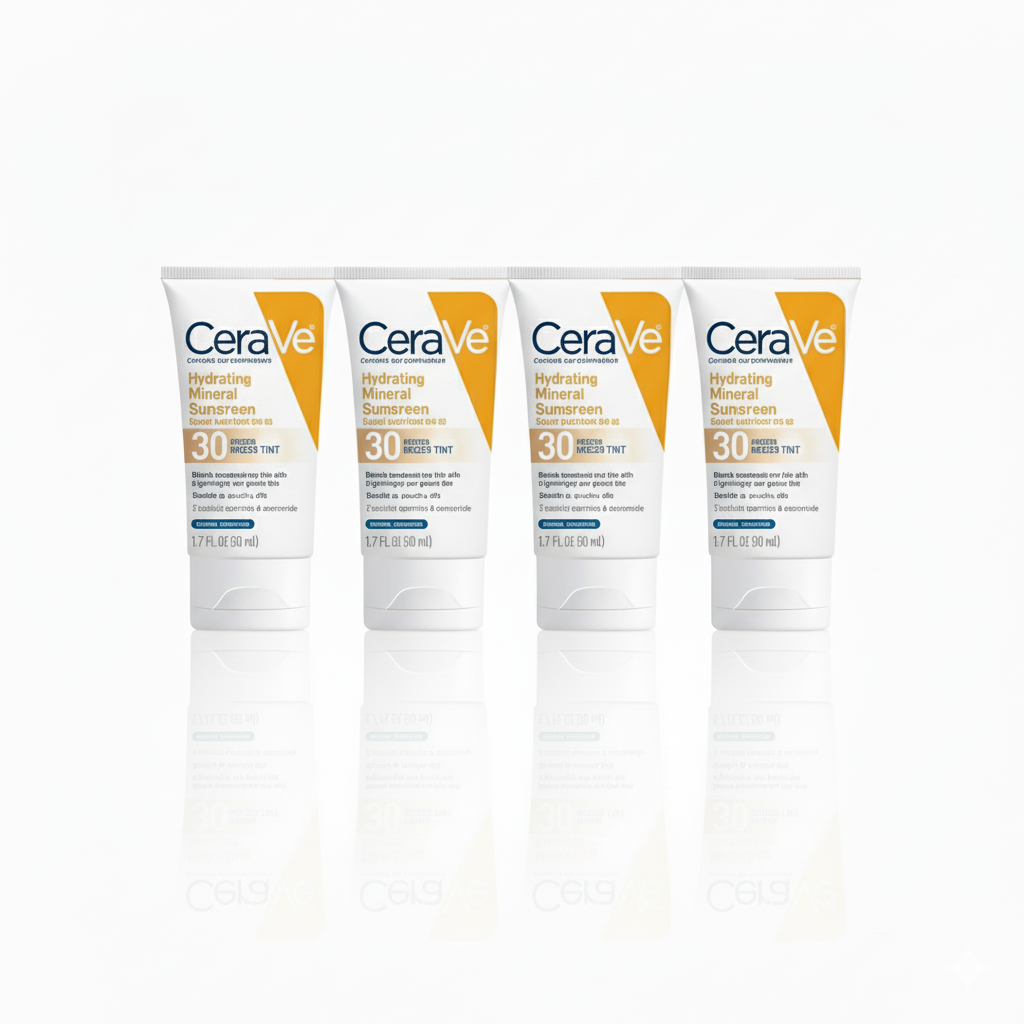 [4-PACK]  CeraVe Hydrating Mineral Sunscreen SPF 30 with Sheer Tint, Tinted Mineral Sunscreen with Zinc Oxide & Titanium Dioxide, Blends Seamlessly For Healthy Glow, Medium, 1.7 Fluid Ounce