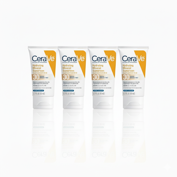 [4-PACK]  CeraVe Hydrating Mineral Sunscreen SPF 30 with Sheer Tint, Tinted Mineral Sunscreen with Zinc Oxide & Titanium Dioxide, Blends Seamlessly For Healthy Glow, Medium, 1.7 Fluid Ounce