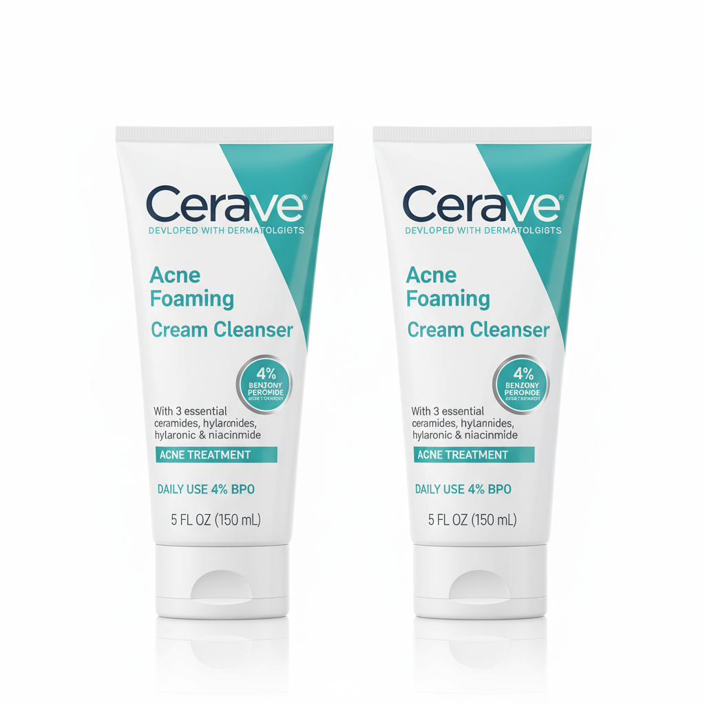 [2-PACK]  CeraVe Acne Foaming Cream Cleanser, 4% Benzoyl Peroxide Face Wash With Hyaluronic Acid, Niacinamide & Ceramides, Gentle Daily Acne Treatment For Face