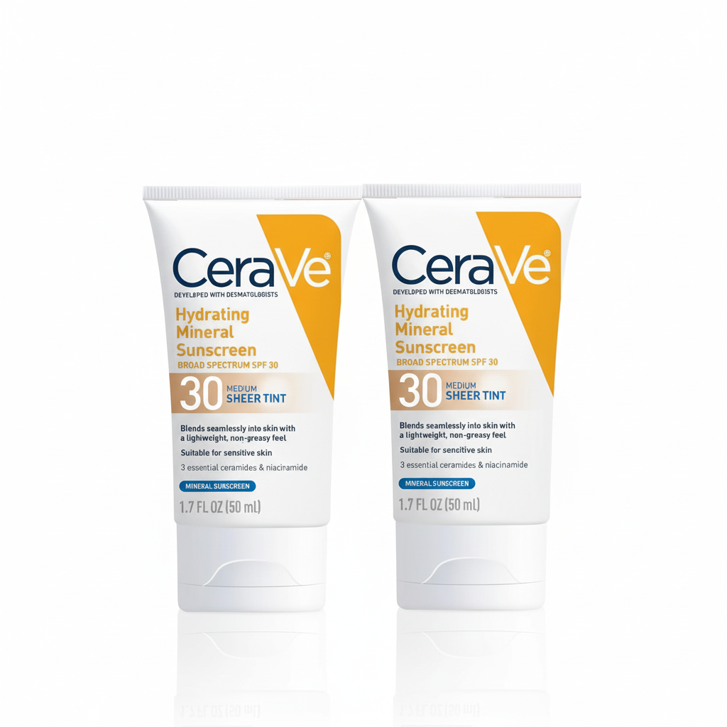 [2-PACK]  CeraVe Hydrating Mineral Sunscreen SPF 30 with Sheer Tint, Tinted Mineral Sunscreen with Zinc Oxide & Titanium Dioxide, Blends Seamlessly For Healthy Glow, Medium, 1.7 Fluid Ounce